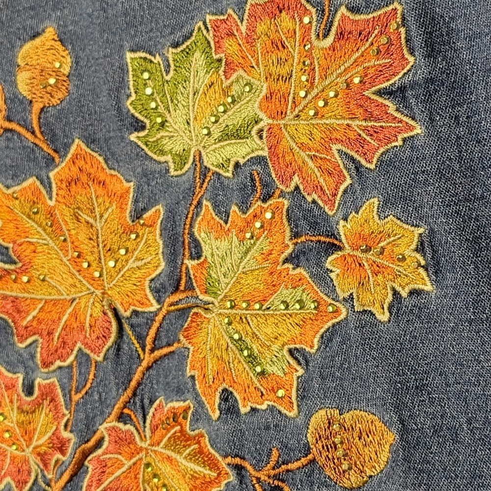 Quacker Factory Lightweight Denim Jacket Women's L Leaf Embroidery Sparkle - Picture 8 of 14